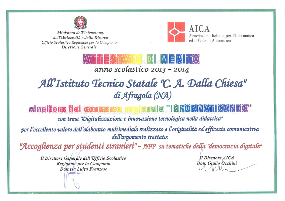 Attestato di merito del concorso Informaticando